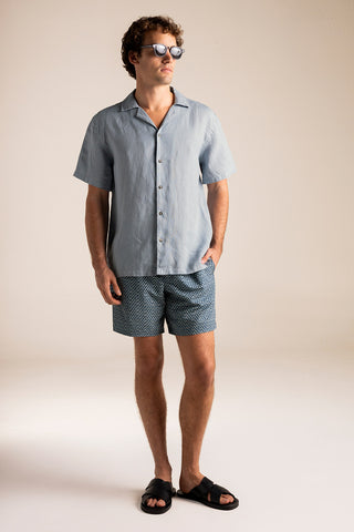 Îlot Colombia, Conjunto Camisa azul y Pantaloneta bahía azul estampada, Sandalias, Gafas, Eventos de verano, Playa, Ropa para hombre