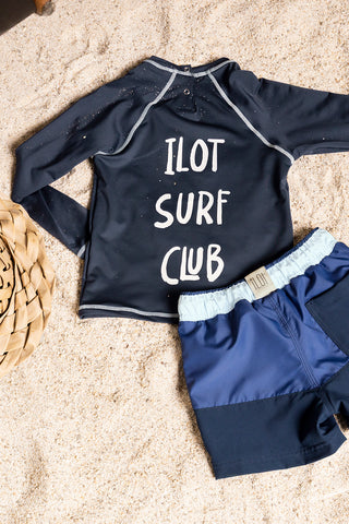 Îlot Colombia, Camiseta lycra kids azul, Pantaloneta baño azul estampado, Verano, Playa, Ropa para niño