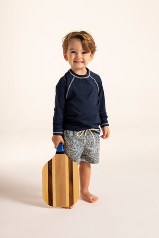 Îlot Colombia, Camiseta lycra kids azul, Pantaloneta baño azul estampado, Verano, Playa, Ropa para niño