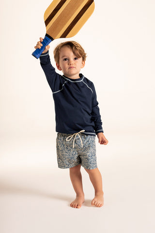 Îlot Colombia, Camiseta lycra kids azul, Pantaloneta baño azul estampado, Verano, Playa, Ropa para niño