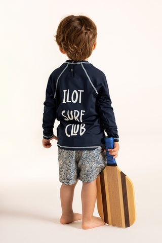 Îlot Colombia, Camiseta lycra kids azul, Pantaloneta baño azul estampado, Verano, Playa, Ropa para niño