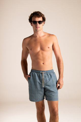 Îlot Colombia, Pantaloneta bahía azul estampado marfil, Verano, Playa, Ropa para hombre