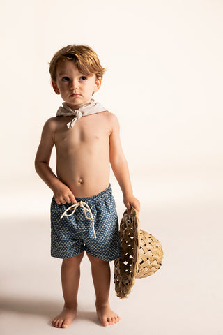 Îlot Colombia, Pantaloneta niño azul con estampado marfil, Verano, Playa, Ropa para niño